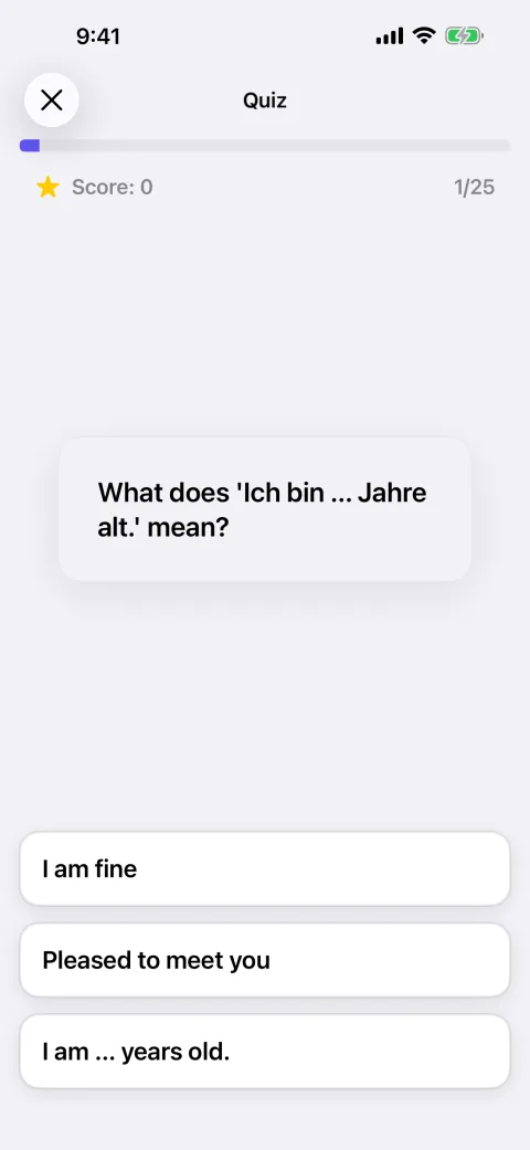 A SpeakHero vocabulary quiz with multiple-choice answers